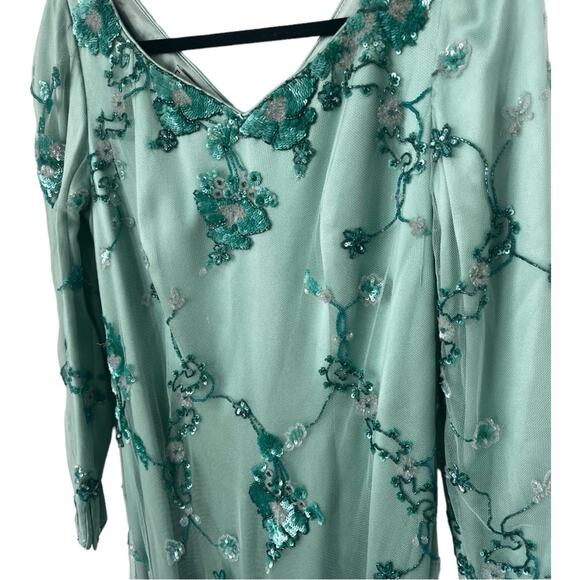 Lourdes Chavez Mint Green Floral Embroidered Sequin Long Sleeve Maxi Gown - Picture 2 of 9